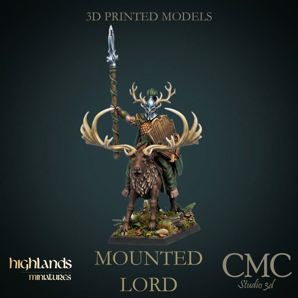 Mounted Lord on feral stag, Highlands Miniatures